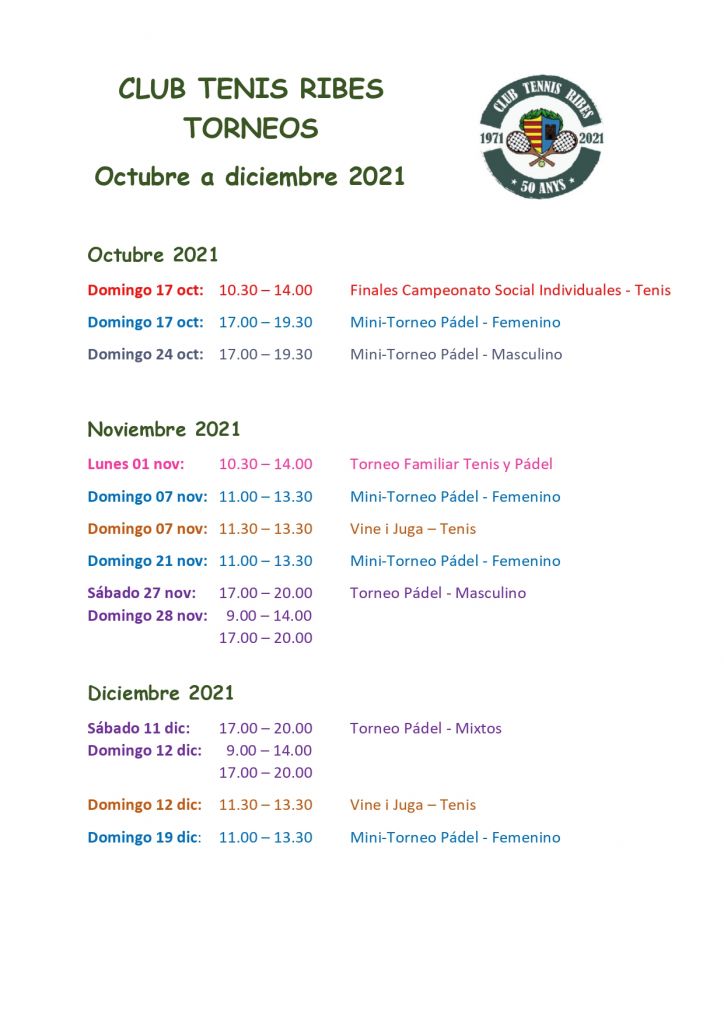 Tornejos de Novembre i Desembre 2021